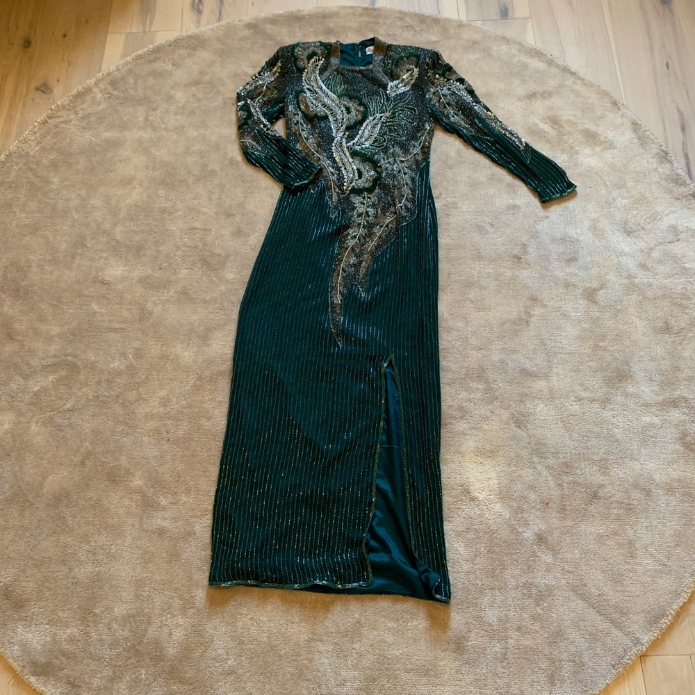❌SOLD❌Vintage 80's Beaded Silk High-Leg Slit Gown - Picture 6 of 8